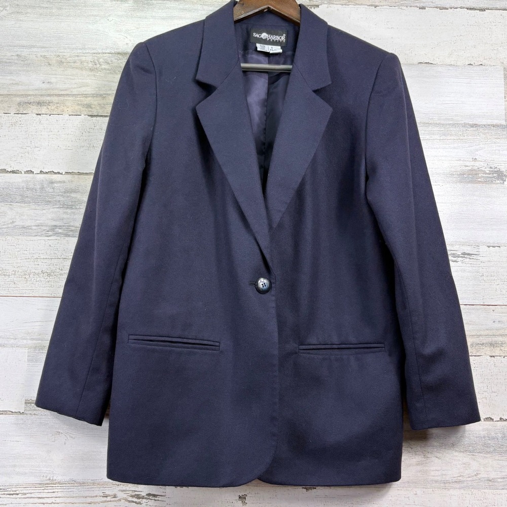 Sag Harbor Wool Blazer Womens 12P Navy Blue Single Button Lined Old Money Career